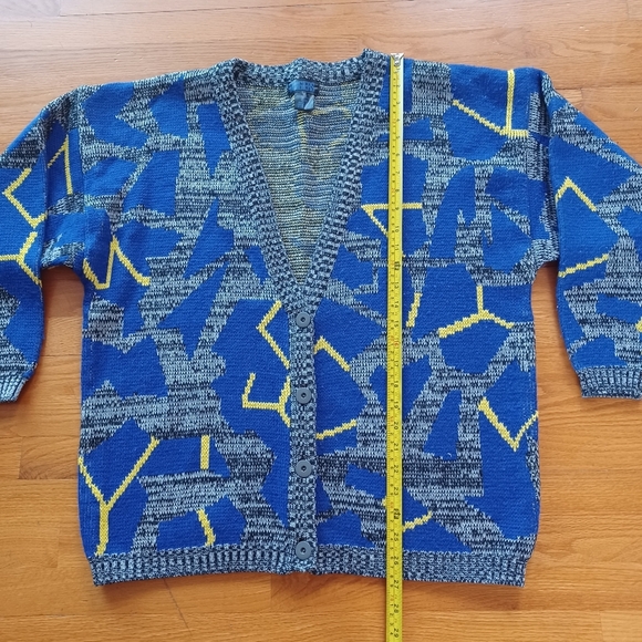 Vintage Tangiers 80's Style Blue / Yellow Retro Geometric Cardigan Grandpa Cozy - Picture 9 of 11